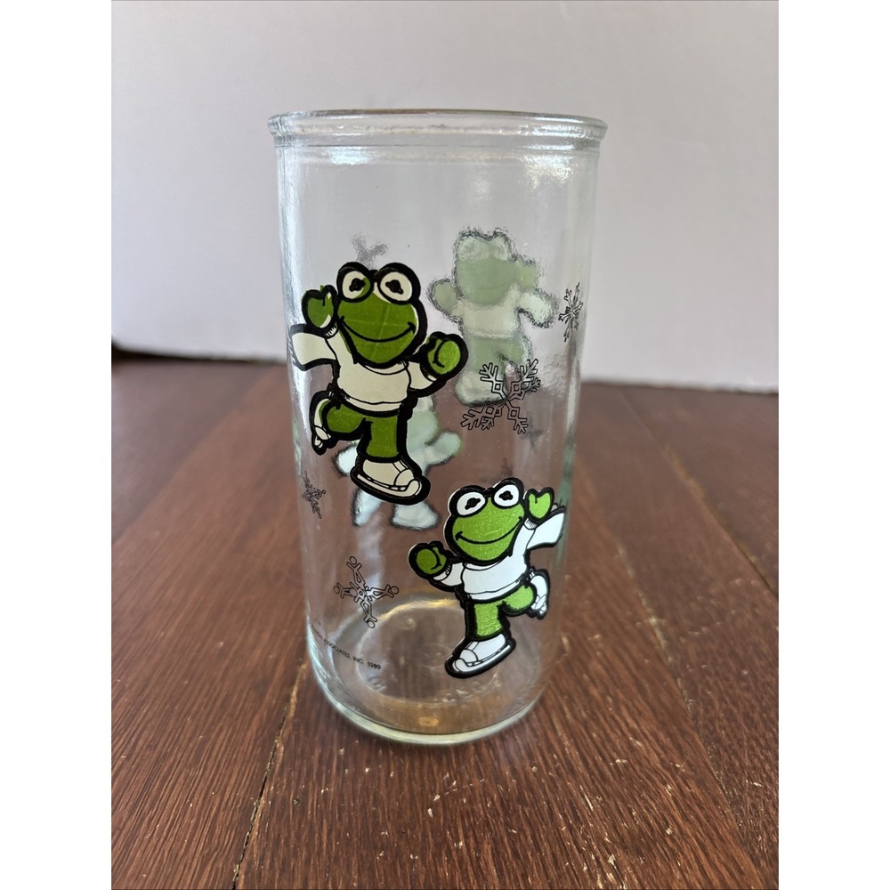 Muppet Babies Kermit the Frog Ice Skating 12oz Drinking Glass Cup 1989 Vintage